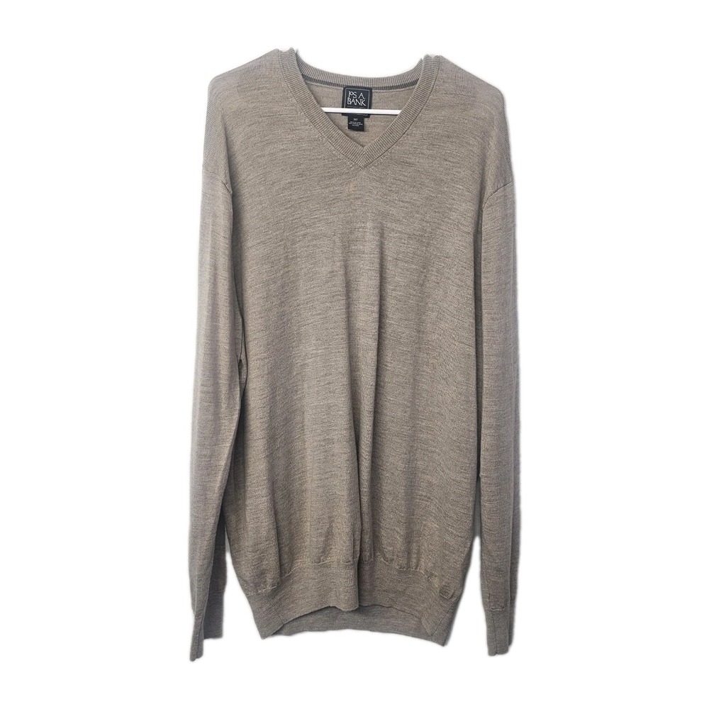 Jos A Bank Sweater Mens 2XLT‎ Traveler Beige Merino Wool V Neck Ribbed Cuffs